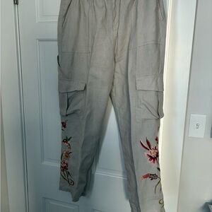 Johnny Was Gray Pants with Floral Embroidery